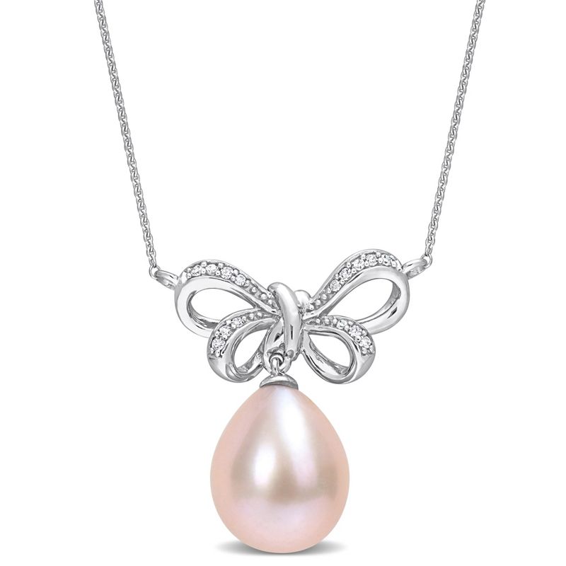 EVERLY JEWELRY | 10K White Gold 9.5-10mm Cultured Freshwater Pink Pearl and Diamond Accent Bow Necklace - 17 inch