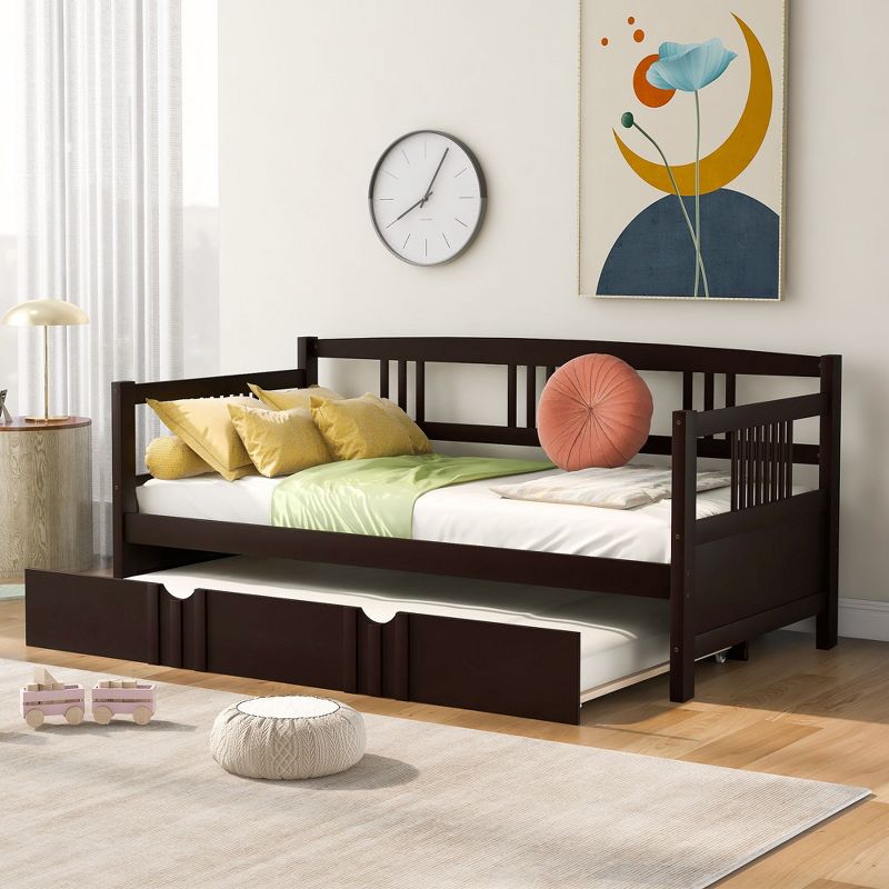 Sapphtopaz Twin Day Bed with Trundle or Drawers, Wooden Bed Frame with Slatted Sides, Bedroom Furniture, Espresso
