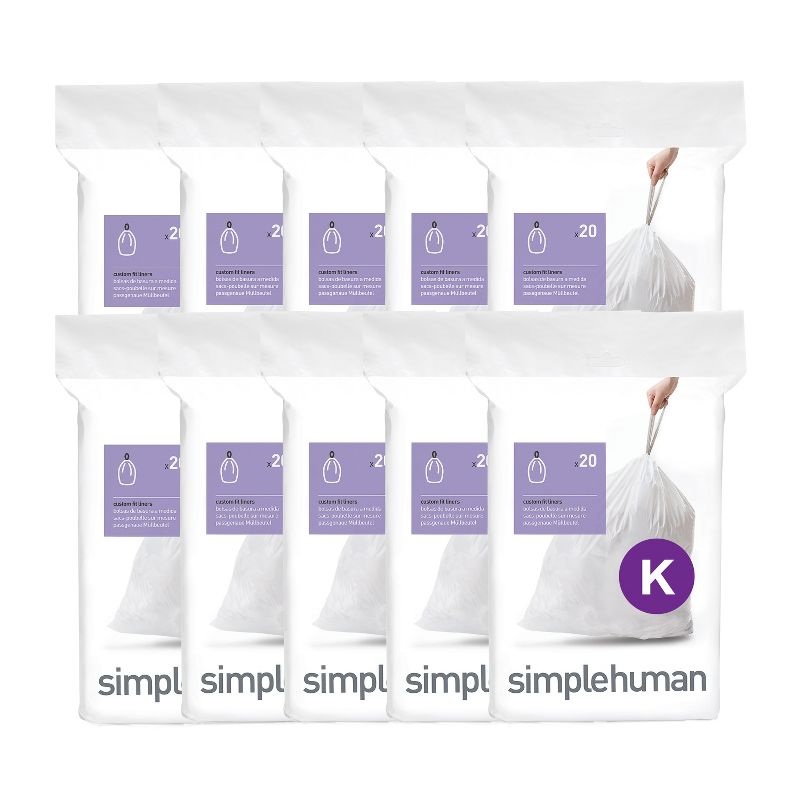 simplehuman Code K 200 Count, Genuine Custom Fit Liners, Drawstring Trash Bags in Dispenser Packs, 30-35 Liter / 8-9 Gallon, White
