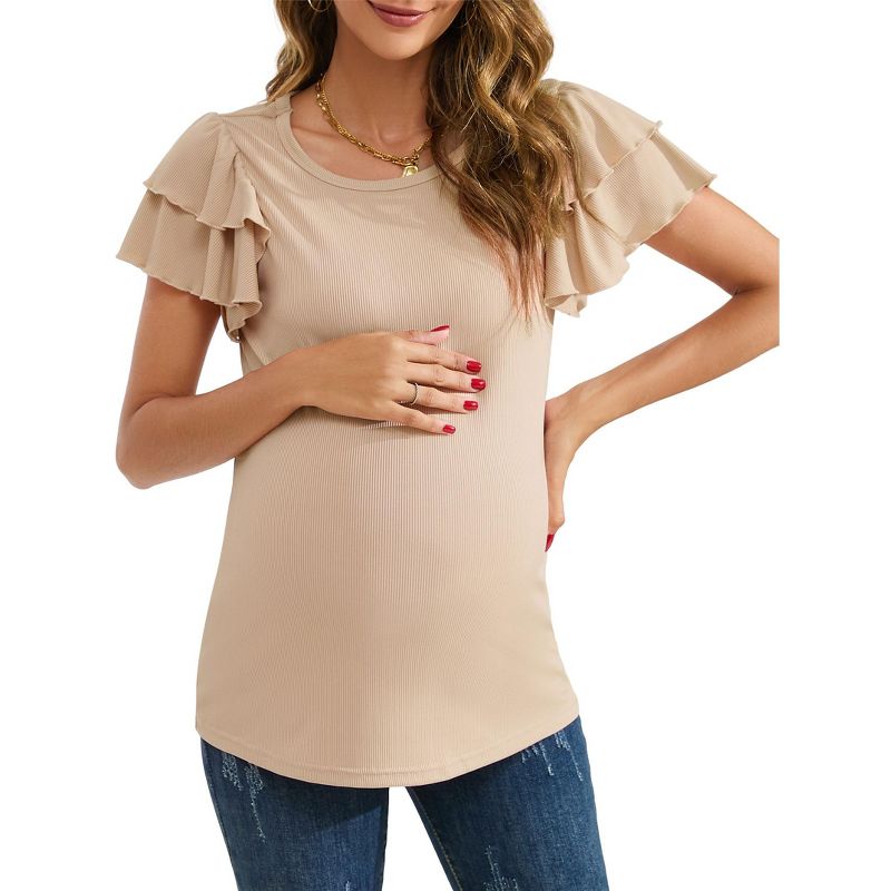 Coolmee Women's Maternity Shirts Nursing Tops Flying Short Sleeve Breastfeeding Tees Lightweight Side Ruched Pregnancy Clothes M Apricot