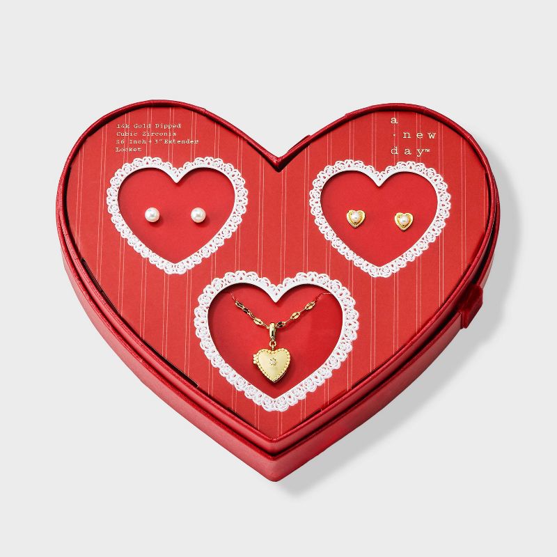 14K Gold Dipped Valentines Heart Locket with Pearl Heart Stud and Pearl Stud Earrings 3pc - A New Day™
