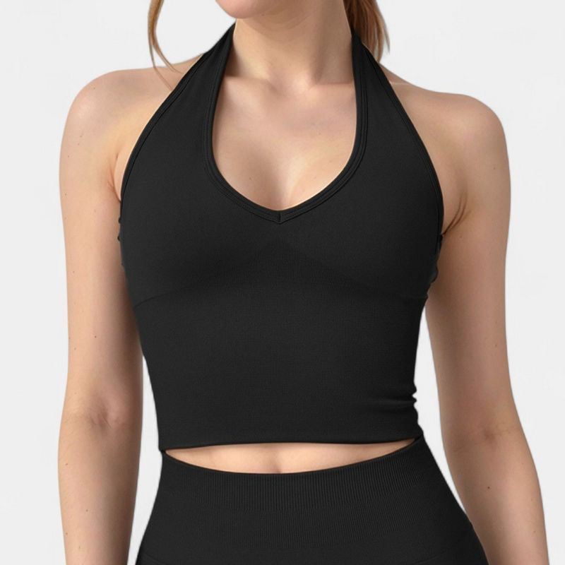 Anna-Kaci Active Women's Seamless Ribbed Knit Halter Crop Top with V-Neckline and Built-In Support - Small, Black