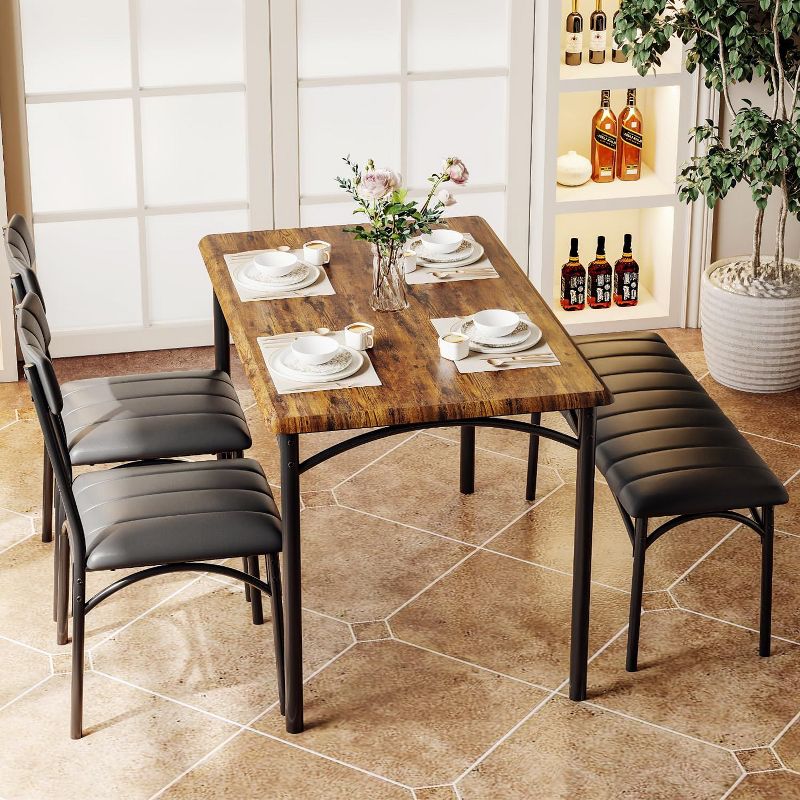 Dining Table Set for 4, Kitchen Table with Upholstered Chairs and Bench, Wood Rectangular Dining Table and Chairs Set for Home Rustic Brown