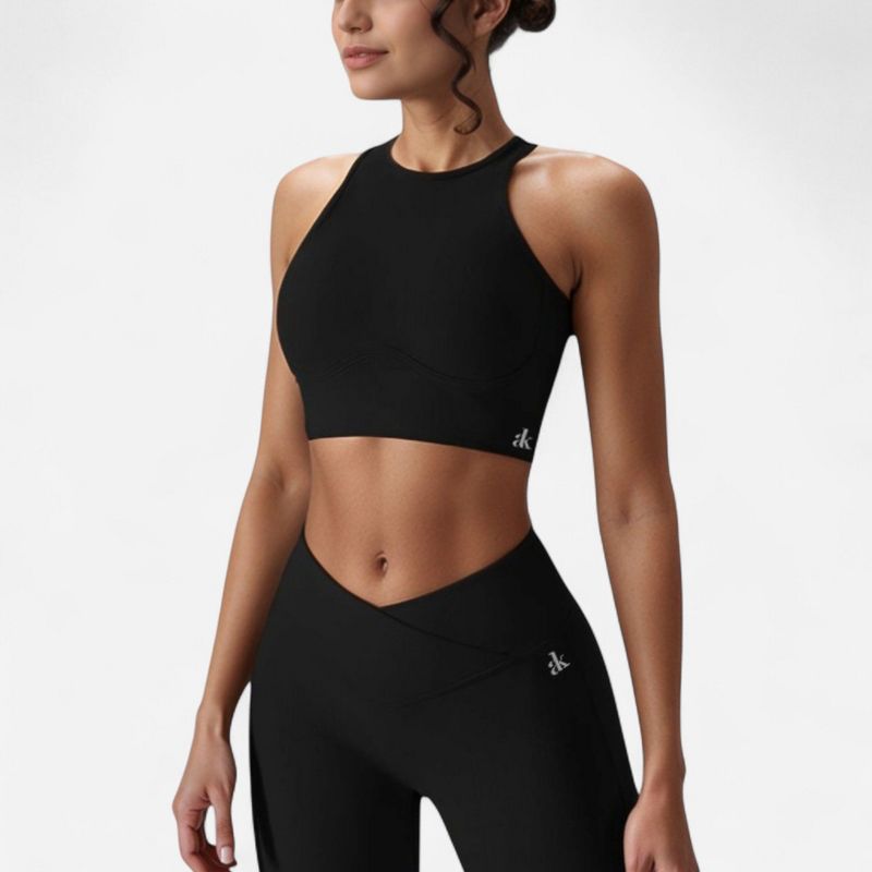 Anna-Kaci Active Women's High Neck Racerback Sports Crop Top with Seamless Compression Fit - Large, Black