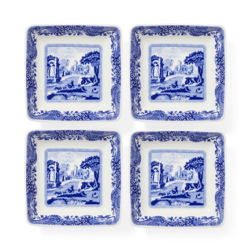Spode Blue Italian Square Sauce Dishes - Set of 4, 3-Inch Porcelain Mini Serving Bowls with Intricate Scroll Border & Scenic Motif