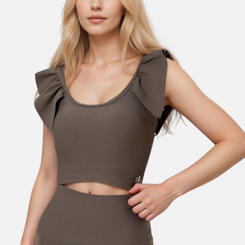 Anna-Kaci Active Women's Ribbed Scoop Neck Crop Top with Flutter Shoulder Details and Seamless Fitted Design - Small, Khaki