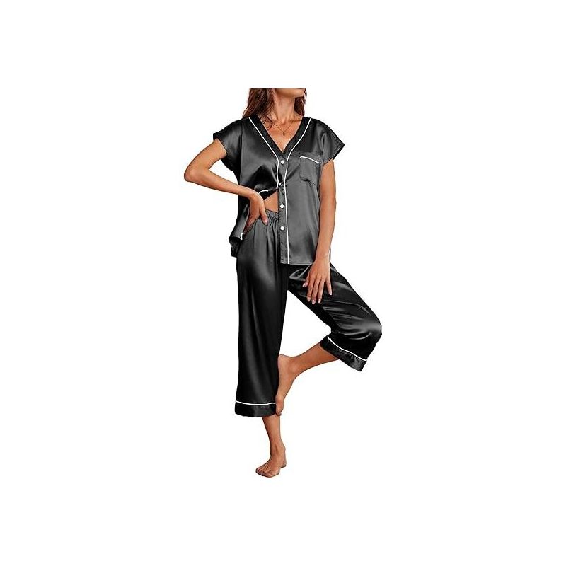 Ekouaer Satin Pajama Set Womens Short Sleeve V Neck Silky Shirt with Capri Pant Button Down PJs Soft Satin Loungewear Black S