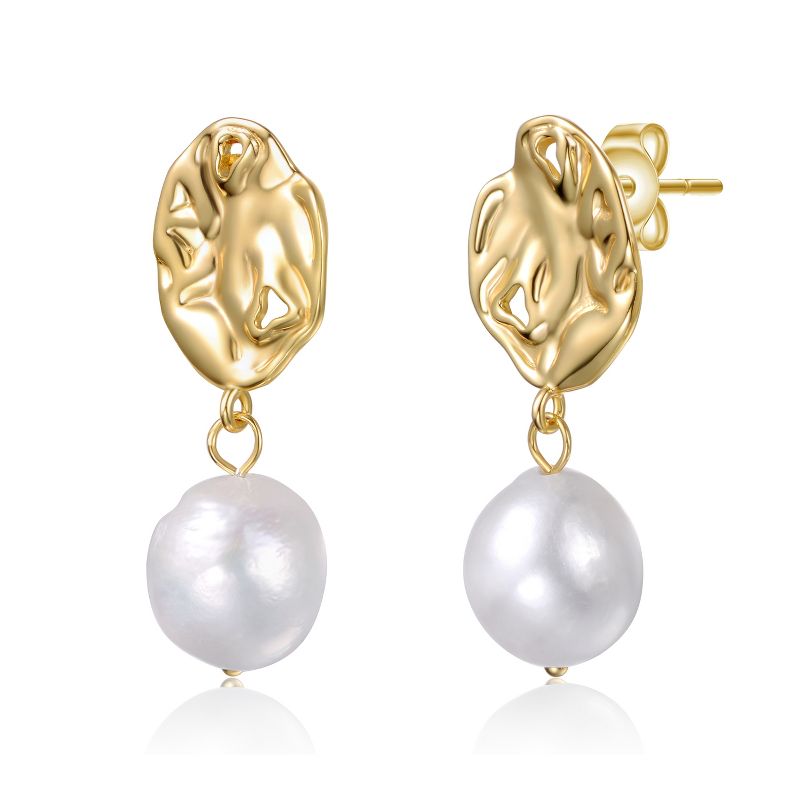 Guili Sophisticated Sterling Silver 14K Gold-Plated White Freshwater Pearl Crinkled Drop Earrings – Elegant Design with a Modern Touch