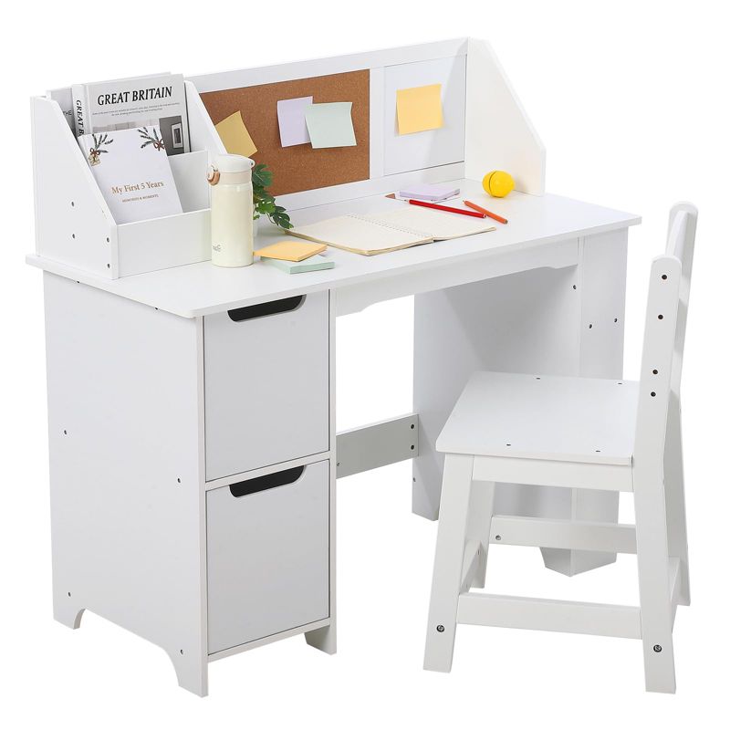 White Kids Desk & Chair Set ¨C Wooden Study Table with Storage Hutch & Bulletin Board for Home/School