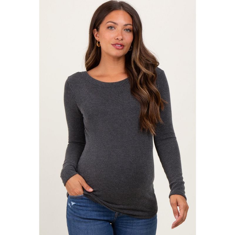 Pinkblush Charcoal Ribbed Scoop Neck Long Sleeve Maternity Top Large