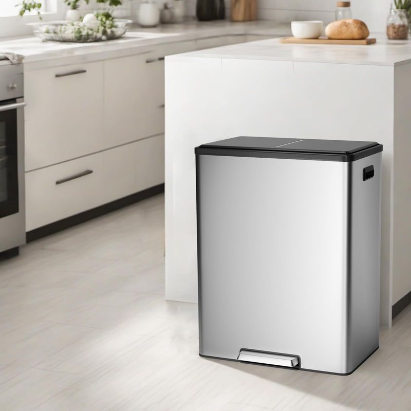 16 Gallon Kitchen Trash Can, 30L+30L Step Dual Recycling Bin with 2 Removable Barrel, Wide Step Pedal, Soft Close Lid, Silver