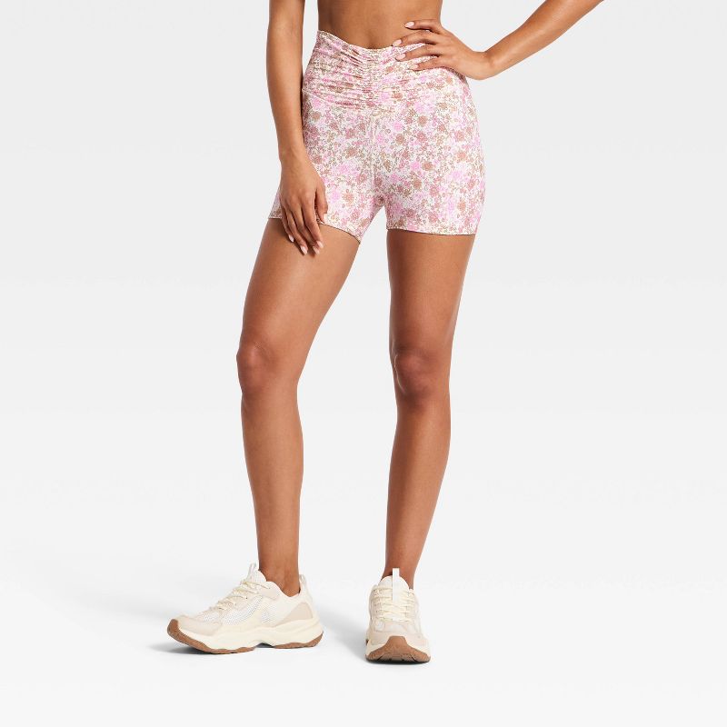 Women's Cinched Waistband Bike Shorts 3" - JoyLab™ Pink Floral M