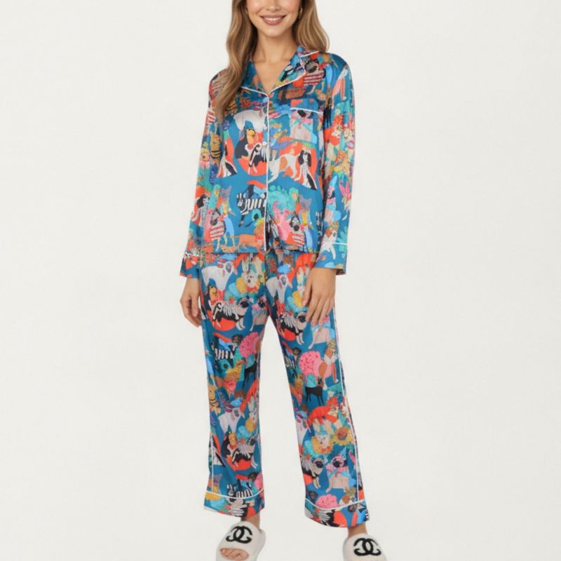 Anna-Kaci Lounge Women's 2-Piece Set Long Sleeve Button Front Top and Relaxed Fit Pants Pajama Set with Playful Dog Print - Medium, Blue