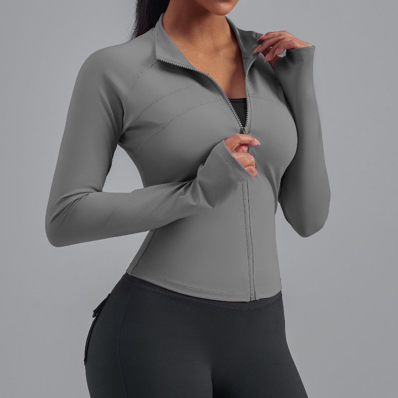Coolmee Women's Workout Track Jacket Lightweight Full Zip Up Yoga Jacket Cropped Athletic Slim Fit Tops S Sea Rock Gray