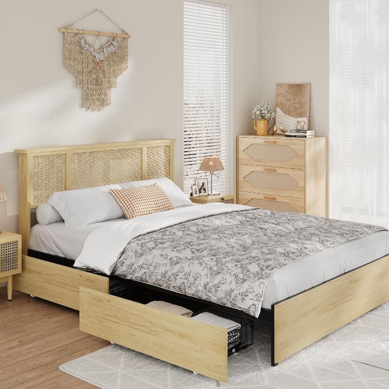 Queen Platform Bed Frame with Natural Rattan Cane Headboard, Metal Frame & Wood Slats, Boho Bedroom Furniture, No Box Spring Needed, Easy Assembly