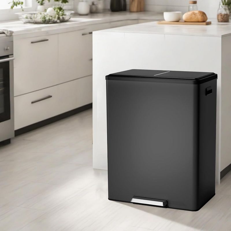 16 Gal Dual Compartment Step Trash Can, Stainless Steel with 2 Removable Buckets, Foot Pedal Operated Recycling Bin for Kitchen and Bathroom