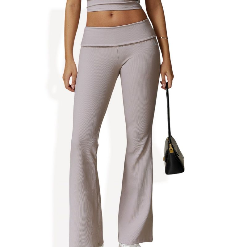 Anna-Kaci Active Women's Foldover Waist Flare Leg Yoga Pants in Ribbed Knit- Large, Beige