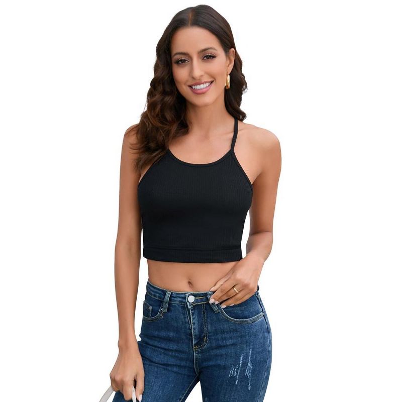 Womens Spaghetti Strap Camisole Tank Ribbed Cropped Basic Sleeveless Tops Sports Bra for Women Non Padding Yoga Bra Crop - Black,2XL