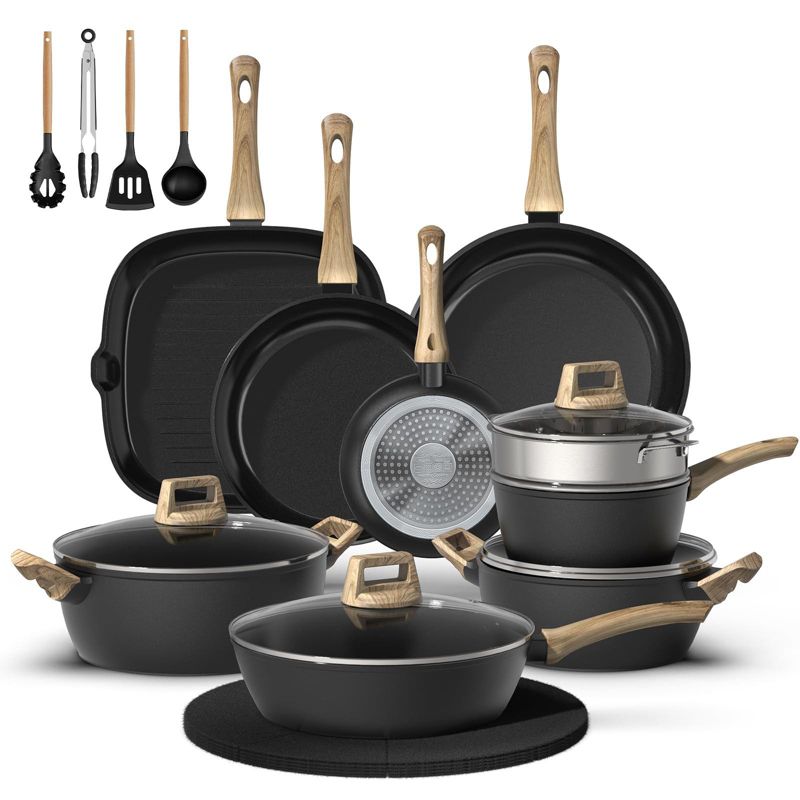 Aoibox 23-Piece Non-Stick Ceramic Cookware Set with Frying Pans, Healthy & Non-Toxic, Induction Compatible, PFAS/PTFE/PFOA Free, Black