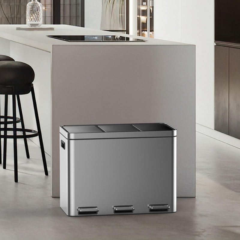 12-Gallon Stainless Steel Recycling Trash Can with 3 Compartments & Soft-Close Lid - Dual Waste Bins for Kitchen, Office - Fingerprint-Proof, 45L