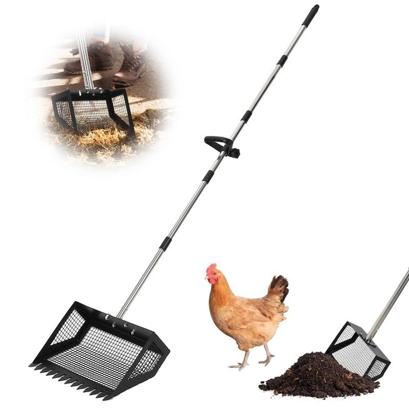 Heavy-Duty Chicken Coop Rake with 5-Level Adjustable Handle 24"-68.8", 15" Wide Galvanized Metal Scoop, Multi-Purpose Cleaning Tool