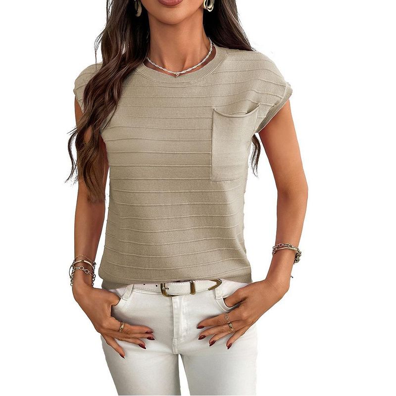 Coolmee Women's Short Sleeve Sweater Crew Neck Trendy Summer Tops Travel Business Casual Spring Outfits with Pocket Khaki L