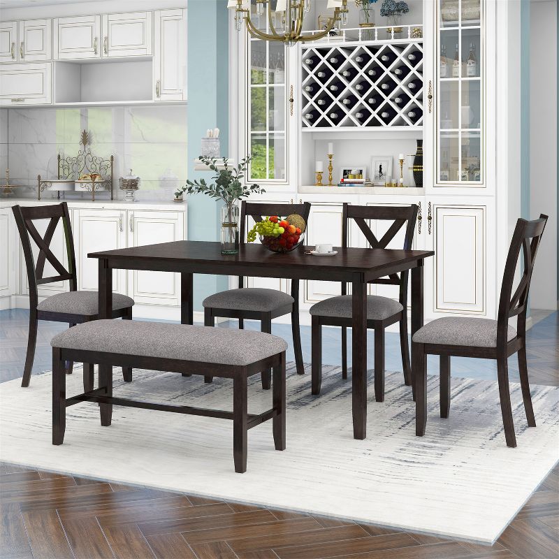 ELJGET 6 Piece Dining Table Set with 4 Chairs and Bench, Wooden Dining Set for Kitchen, Dining Room, Espresso