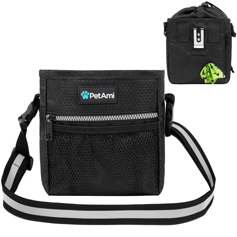 PetAmi Dog Treat Pouch, Pet Training Walking Bag Holder for Kibbles Food Toy, Trainer Essentials Supplies with Waste Dispenser (Black)
