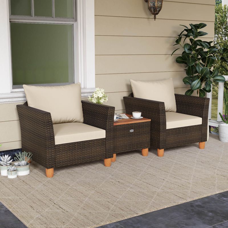 Costway 3PCS Patio Wicker Rattan Sofa Set Furniture Outdoor Acacia Wood Conversation Mix Brown