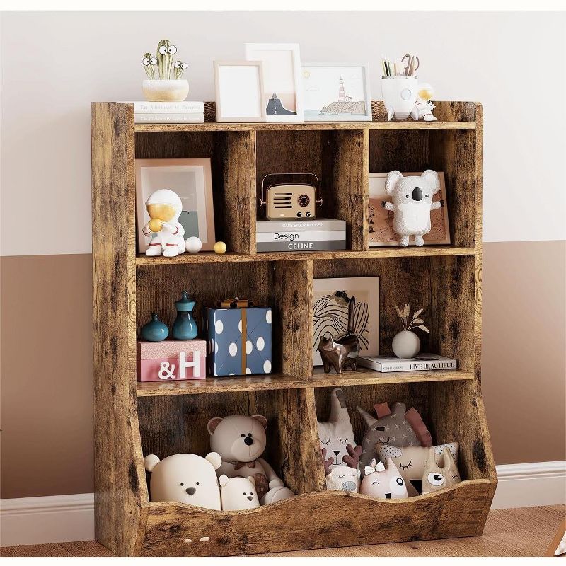 Acekool Brown Toy Storage Cabinet, 3-Tier Kids Bookshelf with Cubby Organizer, Open Compartments and Tilt Bins for Bedroom or Playroom