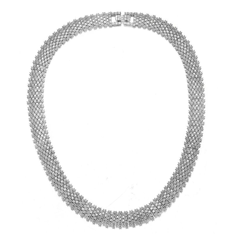Guili Sterling Silver Rhodium Plated Round Cubic Zirconia Linear Pave Necklace, Modern and Chic Minimalist Jewelry for Special Moments