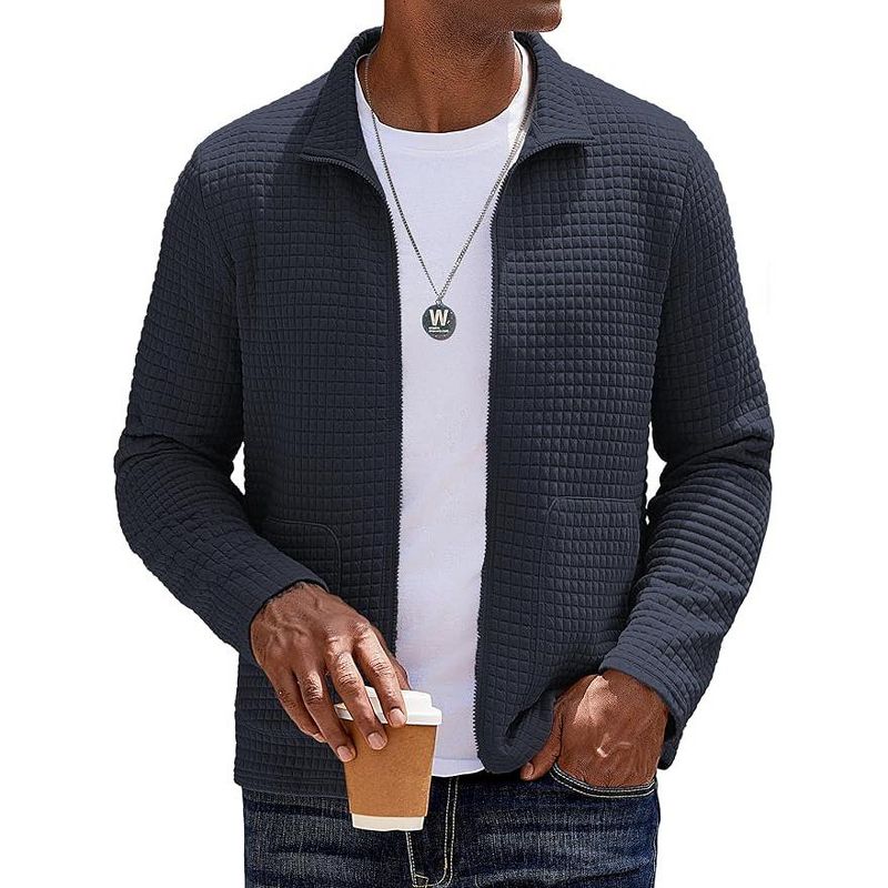 COOFANDY Men's Lightweight Varsity Jacket Casual Bomber Jackets Waffle Zip Up Coat with Pocket Navy Blue M