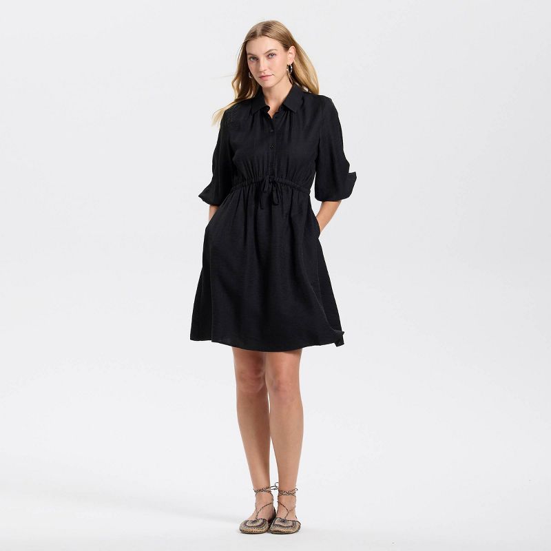 Women's Elbow Sleeve Drawstring Waist Mini Shirtdress - Universal Thread™ Black XL