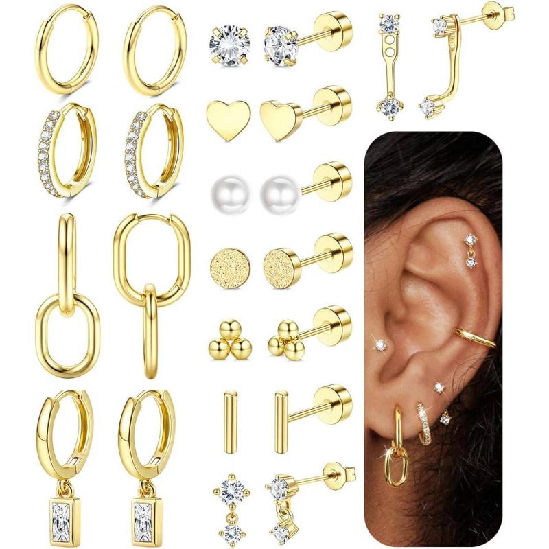SmallRig 12 Pairs 14K Gold Flat Back Earrings Set, Hypoallergenic Surgical Steel Cartilage Piercing Jewelry for Tragus/Helix/Conch