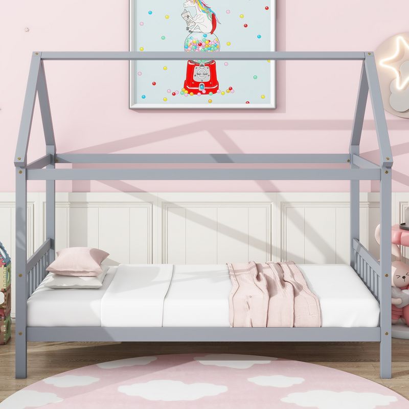 VASIP Gray Twin House Bed Frame - Solid Rubber Wood with Headboard & Footboard, Kids Bedroom Furniture, Sturdy House Design