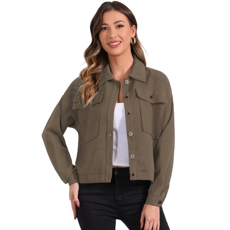 INSPIRE CHIC Women's Lapel Collar Drop Shoulder Pockets Button Down Waffle Shirt Jackets Brown Large