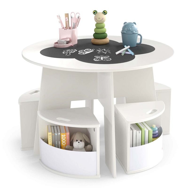 Costway 5 PCS Kids Table and Chair Set with Writable Blackboard Desktop Toddler Table