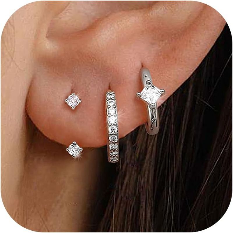 SmallRig 3-Pair 925 Sterling Silver Huggie Hoop Set - 14K Gold Plated CZ Cartilage Earrings, Hypoallergenic Stackable Jewelry Gift