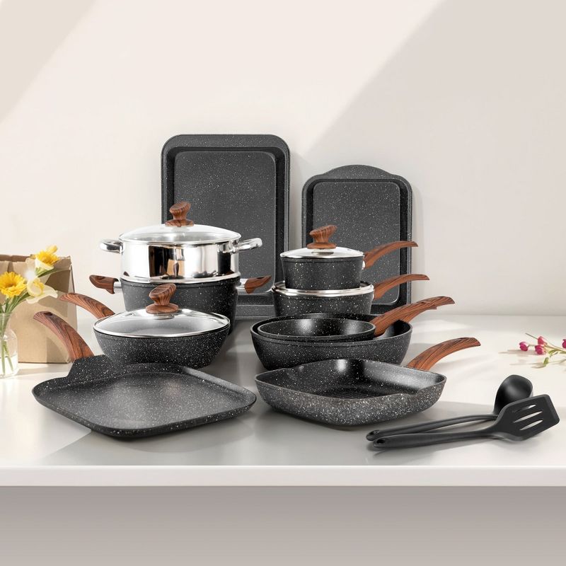 Captiva Designs 17-Piece Non-Toxic Granite Nonstick Cookware Set, Induction Compatible, Oven Safe, Lightweight with Stay-Cool Handle, Black