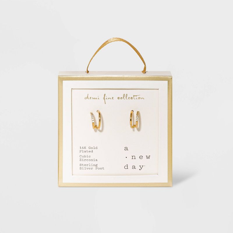 14K Gold Plated Cubic Zirconia Double Hoop Earrings - A New Day™: Nickel-Free, Simulated Stones, Gift Box Included