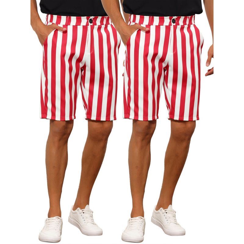Lars Amadeus Men's Striped Regular Fit Summer Dress Chino Shorts 2 Packs Red White 28