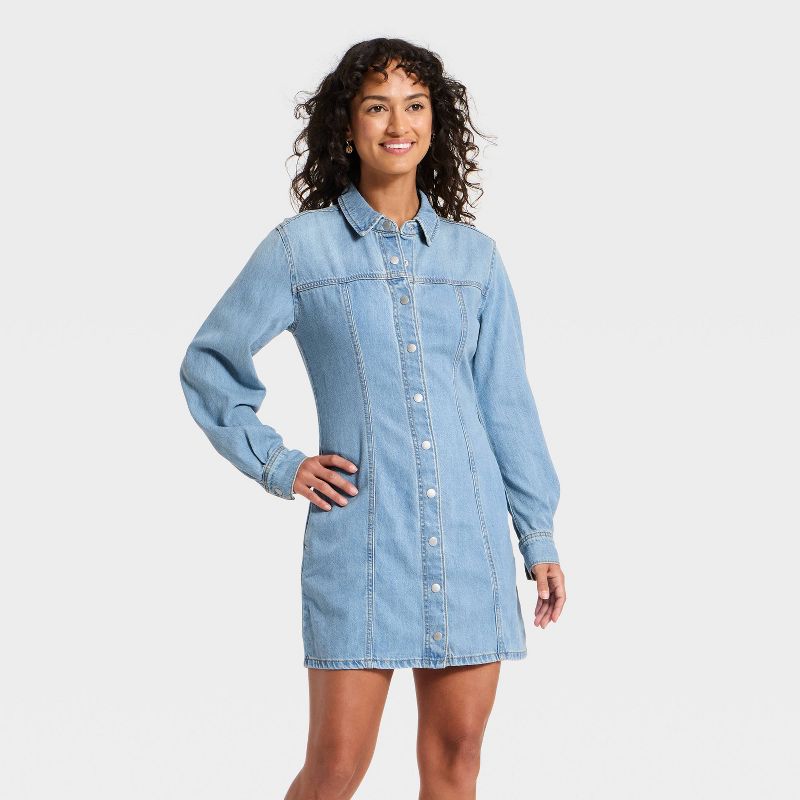 Women's Long Sleeve Mini Denim Shirtdress - Universal Thread™ Light Wash 8