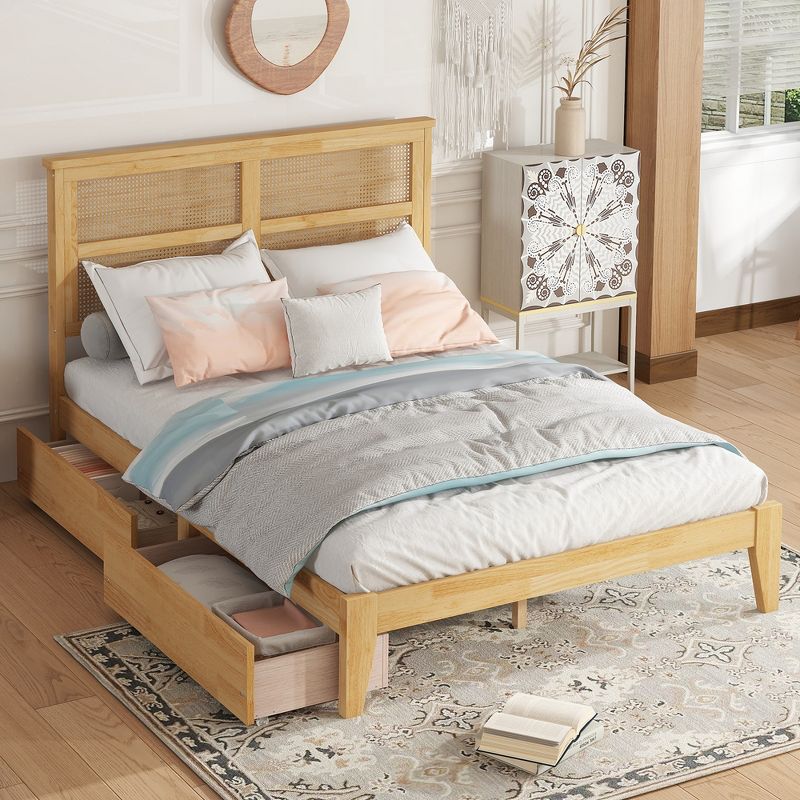 KTMBDW Full Size Bed Frame with 2 Storage Drawers and Natural Rattan Headboard, Boho Bed Frame Full Size, No Box Spring Needed, Natural