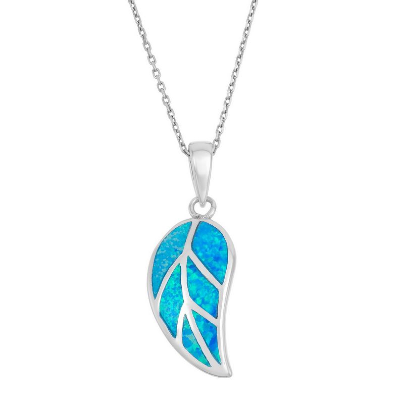 Opalata Sterling Silver Blue Inlay Opal Leaf 18" Pendant Necklace - Blue