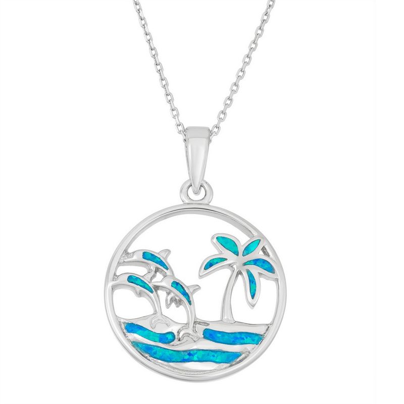 Opalata Sterling Silver Blue Inlay Opal Ocean with Dolphins 18" Pendant Necklace - Blue
