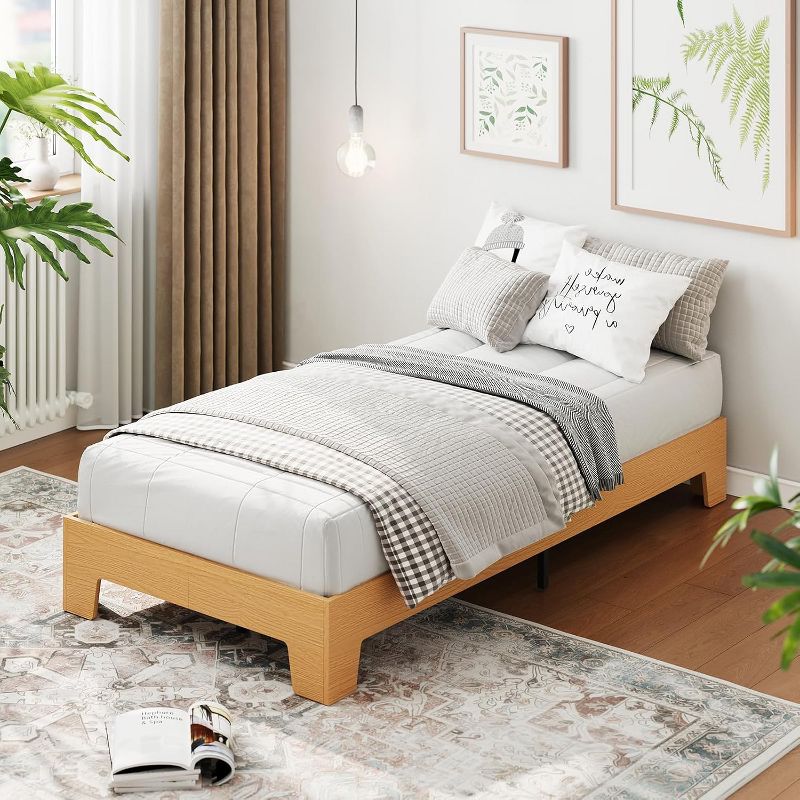 TackView 10-Inch Wood Platform Bed Frame with Slats – No Box Spring Needed, Minimalist Bedroom Furniture,Pine,Twin Extra Long