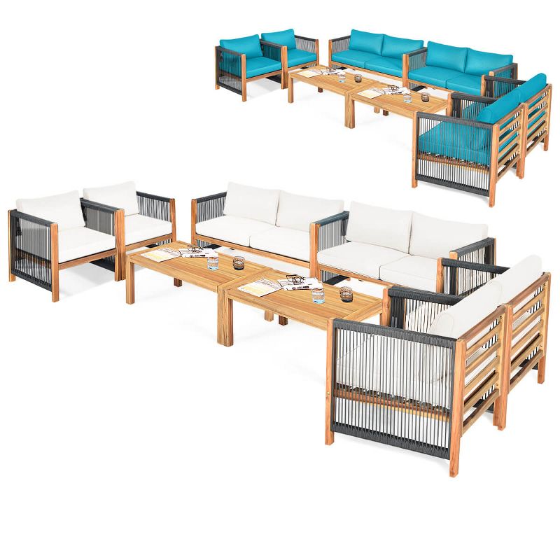 Costway 8 PCS Wood Outdoor Patio Furniture Set with Cushions White Red Cushion Cover Sets Turquoise
