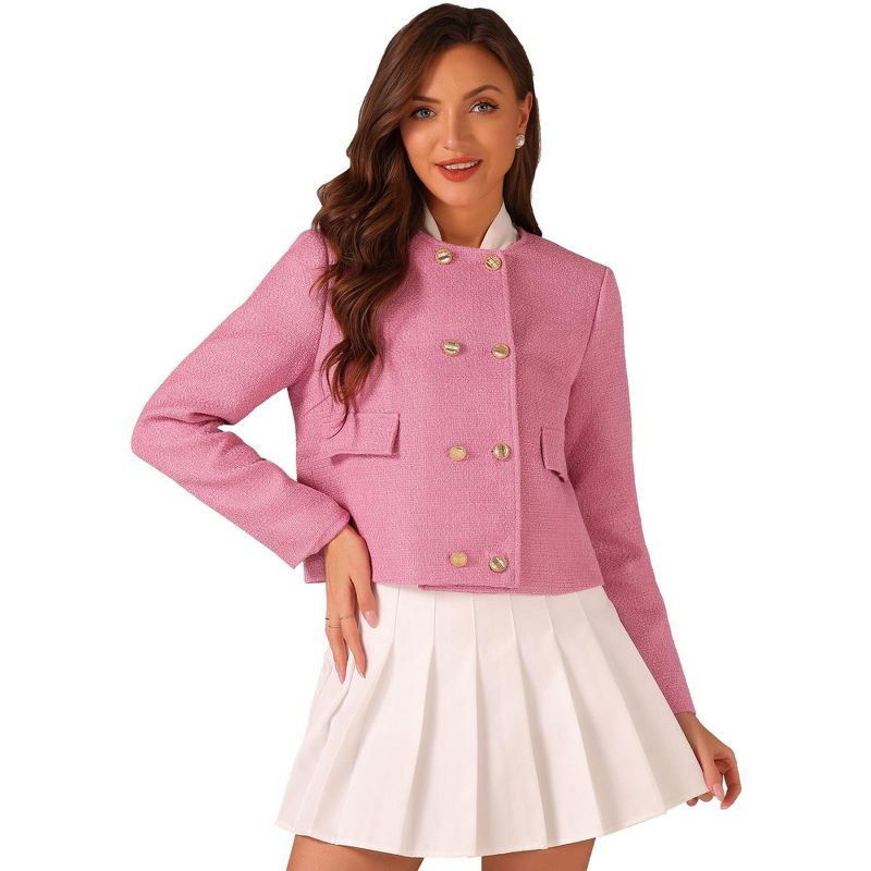 Allegra K Women's Tweed Plaid Double-breasted Scoop Neck Long Sleeve Casual Jackets Pink Small