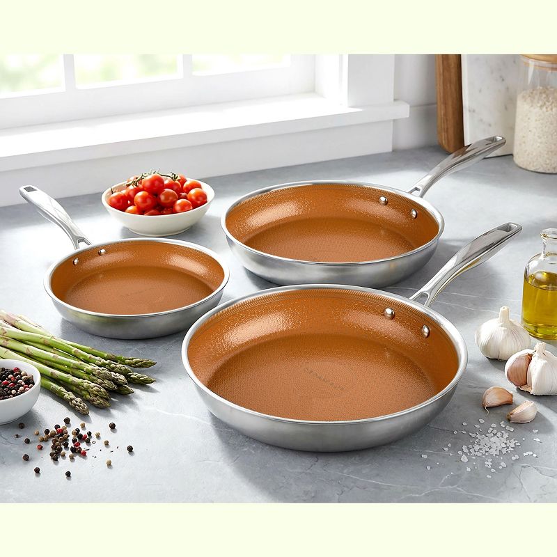 Ceramax 3 Pc Ceramic Stainless Steel Nonstick Copper Fry Pan Set 8” 10” 12” Triply Induction Cookware