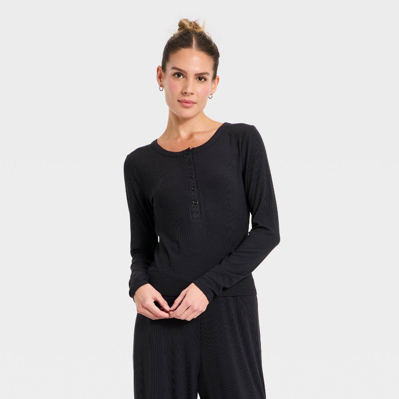 Women's Modal Ribbed Henley Long Sleeve Top - All In Motion™ Black M